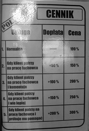 cennik w jednym z warsztatw samochodowych