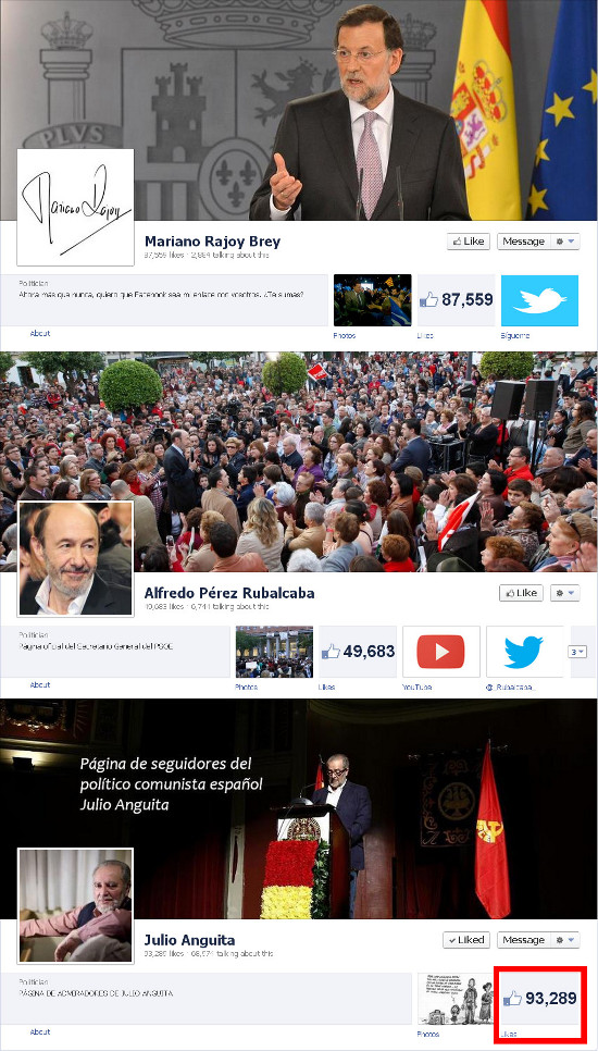 Pginas de Facebook de Rajoy, Rubalcaba y Anguita