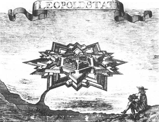 Grabado de la poca con la traza italiana de Leopoldov en el fondo